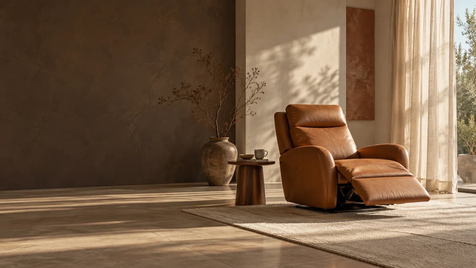 A caramel recliner in a warm, sunlit room - a Reclinerwala concept interior