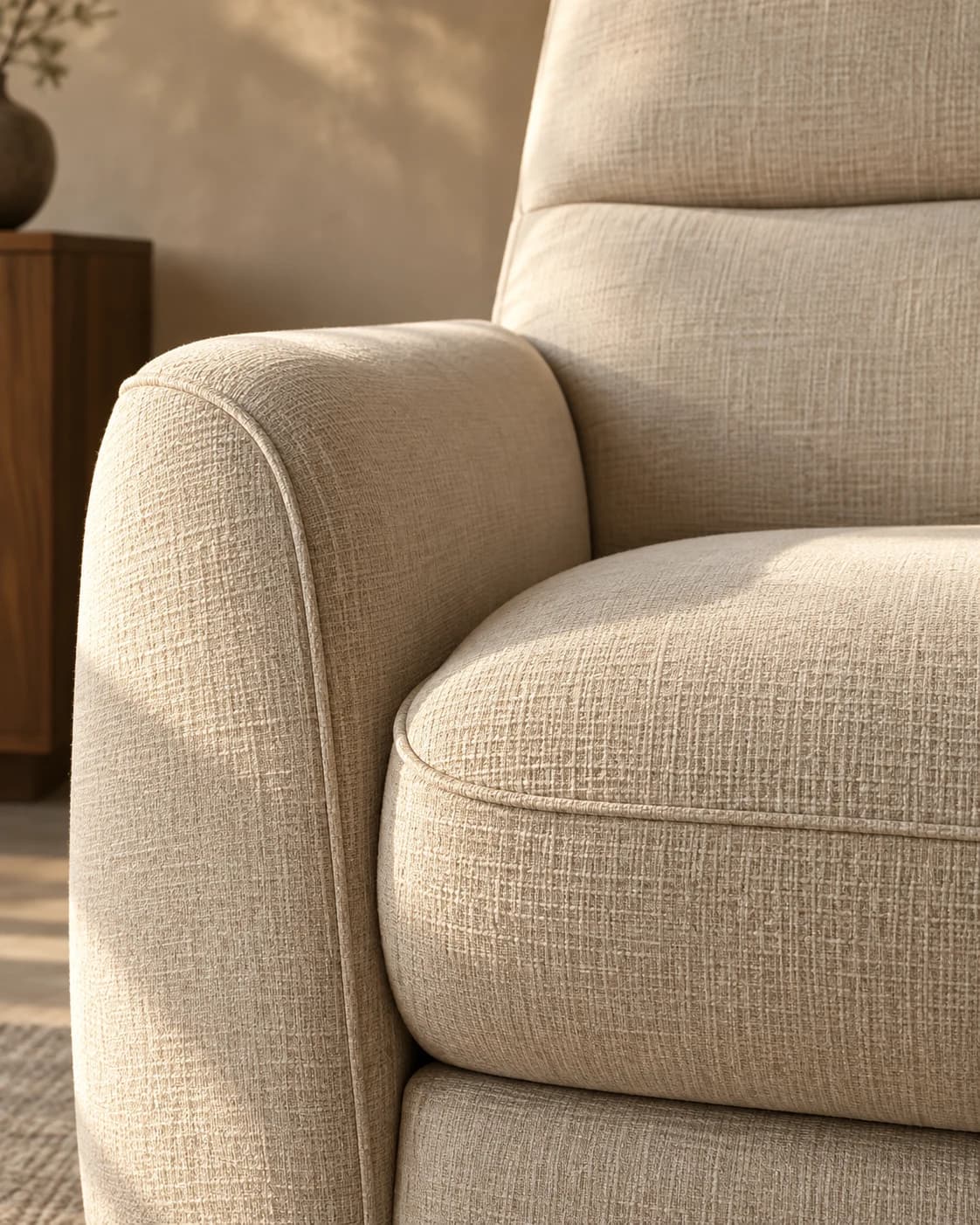 Ivory woven fabric, curved armrest, and cushion piping - a concept material study